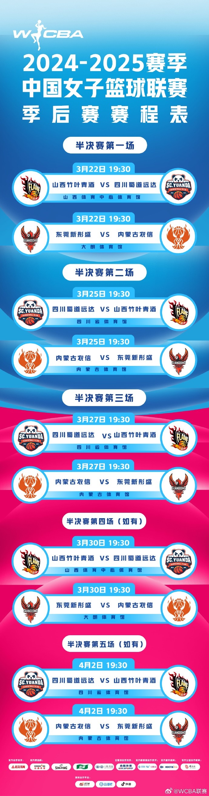 WCBA半決賽22日開(kāi)打 山西女籃vs四川女籃 東莞女籃vs內蒙古女籃